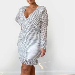 PRETTY LITTLE THING | Cream Polka Dot Mesh Ruched Bodycon Dress | PLUS SIZE